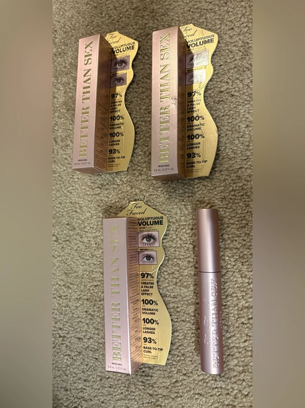 Too Faced Better Than Sex Mascara - Metallic Pink & Gold Packaging- 3 pack